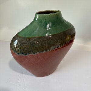 Vtg Tri-color Drip Glaze Pottery Vase  Narrow Bulb Shape  Rust, Green, Blue